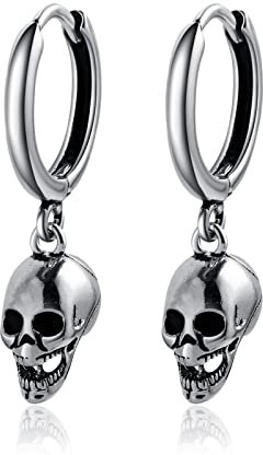 Ohrringe Silber 925, Dangling Earrings Goth Totenkopf für Damen Herren Schädel Schmuck Punk Klappcreolen Cartilage Ohr Piercing 10X28mm