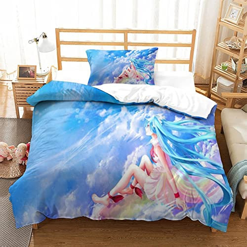 AGBARR Hatsune Miku 3D-Muster Gedruckt Qualität Mikrofaser BettbezugAnime Characters Bedruckte Bettwäsche Mikrofaser-Bettbezug Mit Kopfkissenbezug Für Kinder Und ErwachseneSingle（135x200cm）