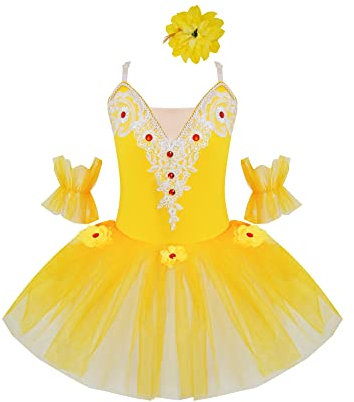 TiaoBug Mädchen Ballettkleidung 3tlg.Set Ballettkleid+Handschuhe+Haarband Kinder Ballettanzug Ballett Trikot Tanz Kostüm Tütü Kleid 104 110 116 122 128 140 152 Gelb N 122-128