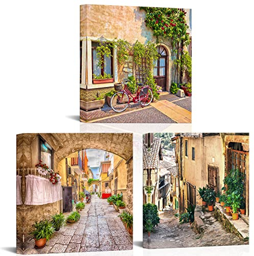 OuElegent 3 Stück mediterrane Leinwand-Kunstdrucke für Schlafzimmer, Wohnzimmer, Vintage, Italien, Dorf, Landschaft, modernes buntes Gemälde für Badezimmer, fertig zum Aufhängen, 30.5x30.5 cm (klein)