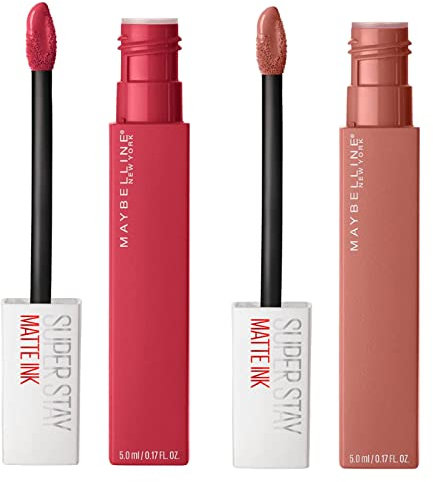 Maybelline New York SuperStay Matte Ink Lippenfarbe Farbe 65 Seductress + SuperStay Matte Ink Lippenfarbe Farbe 80 Ruler - 2 Lippenstifte mit Spitzen-Applikator