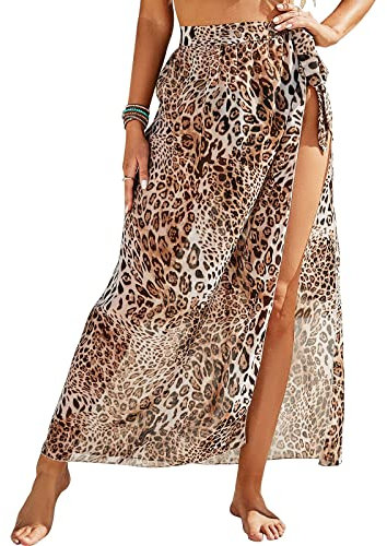 Damen Sarong Pareo für Strandurlaub, Lange Strandkleid Sommer Bikini Cover Up Chiffon Badeanzug Wickelrock Strand Rock Frauen Mädchen Side Strappy Sarong Strandrock Strand Wear Cover (Leopardenmuster)