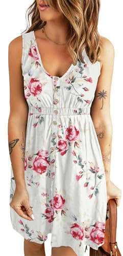 AUSELILY Sommerkleid Damen Ärmellos V-Ausschnitt Minikeid Casual Button Down Strandkleid mit Taschen Aprikosen Schwarzes Blatt 2XL