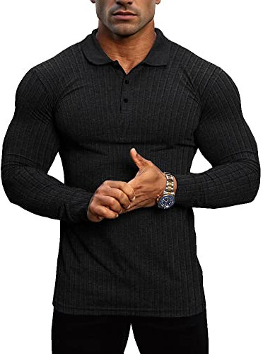 Lehmanlin Muskel-Poloshirts für Herren Langarm Stretch Slim Fit Baumwolle Golf T-Shirt (Schwarz/2XL)