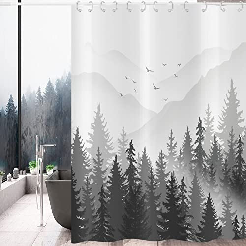 Hnmdmyi Duschvorhang Schwarz und Weiß 180x200, Nebliger Wald Berg Ombre Grau Natur Baum Waldland Landschaft Badewanne Vorhang Wasserdicht Polyester Stoff Waschbar Badevorhang für Badezimmer mit Haken