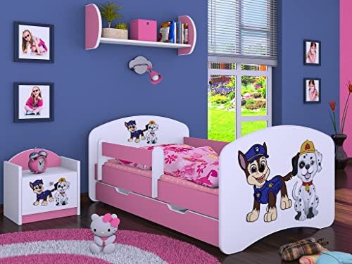 BDW Kinderbett Super Hunde - Babybett mit Matratze und Schublade - Bequem und Langlebig Rausfallschutz Bett - Kinderzimmer - Rosa (Motiv 1) - 180x90