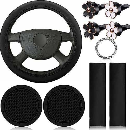 Cachpib 10 Pieces Black Suit Leather Steering Wheel Cover for Women Cute Car Accessories Set With Seat Belt Shoulder Pads Cup Holders