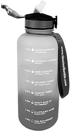 THE STEEL BOTTLE - Botella de agua motivacional deportiva de 2,2 litros con niveles e indicador de tiempo, pajita y franjas horarias - BPA y libre de ftalatos - cierre hermético