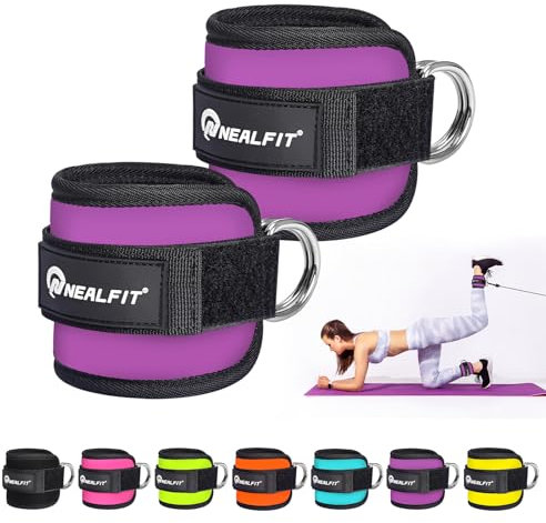 NEALFIT Fußschlaufe Kabelzug, Kickbacks Fußschlaufe, Verstellbarer Fußmanschetten Kabelzug mit Doppelten D-Ringen und Neoprenstütze(Violett-Paar)