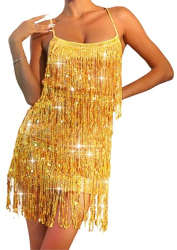 Ushiny Pailletten Quastenkleid glitzerndes Tanzkleid Fransen Kleider Festival Kostüm Rave Outfit für Frauen und Mädchen (DE/NL/SE/PL, Alphanumerisch, Einheitsgröße, Regular, Regular, Gold)
