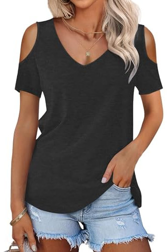 WNEEDU Camisetas Manga Corta Mujer Verano Blusas Cuello V Top Elegante Basicas T-Shirt Negro XL
