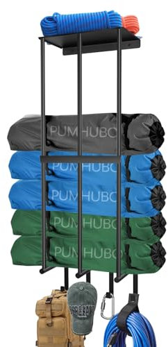 PUMHUBO Scaffali da garage da parete per sedia da campeggio, ripiani in metallo per organizzazione garage per tende, sedie da spiaggia, ombrelloni, tappetini da yoga, 4 ganci, nero
