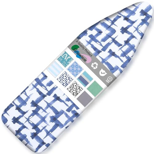 Gnawiew Extra Thick Ironing Board Cover And Pad - 124 X 38cm Cotton Padding 4 Layers With 2” Elastic Easy Installation 2 Click Buckles Stain Resistant Durable Scorch (Blue Brushstrokes)