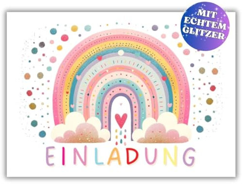 PRINTNOVIA 12x GLITZER REGENBOGEN Einladungskarten für Kindergeburtstag und Party – Buntes Regenbogen-Design für Jungen und Mädchen mit Glitzerlack