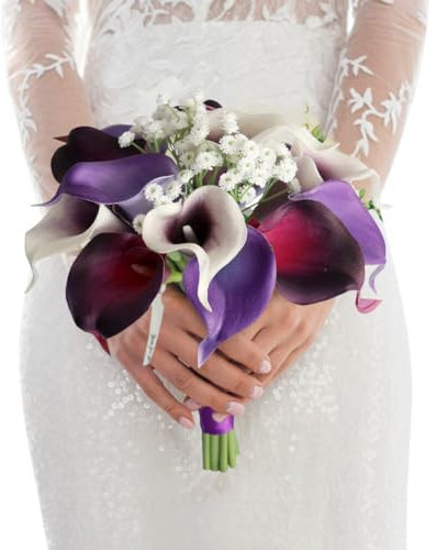 ISAKEN Brautstrauß Künstliche Lila Calla Lilie Brautsträuße Blumensträusse Handgemachte Hochzeitssträuße für Braut Künstliche Blumen Hochzeitsdekoration für Brautdusche und Jubiläum