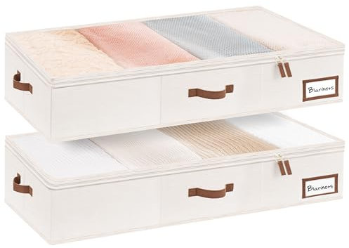 StorageWorks Aufbewahrungsbox unter dem Bett, extra große Aufbewahrung Organizer mit Deckel, robuste Unterbett Aufbewahrungsbox mit Deckel für Kleidung, Stoff Unterbettbox, elfenbeinweiß, 2 Stück