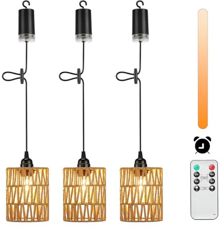 Lightess Rattan Pendant Lights Battery Operated Chandelier Indoor Hanging Lights Dimmable Outdoor Lights Battery Powered Portable Rattan Boho Lampshade IP44 with Remote Control Timer for Patio Decor