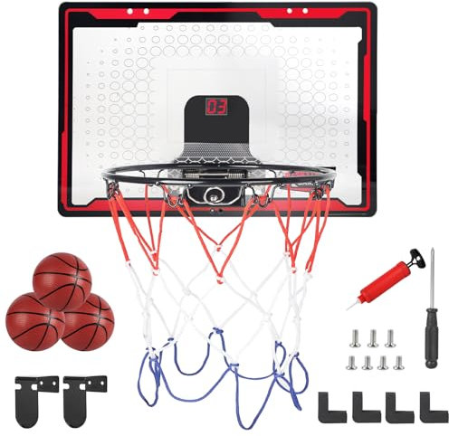 DBREAKS Mini Basketballkorb mit Elektronische Anzeigetafel und Licht, Indoor Hoop Basketballkorb für Kinder, Basketballkörbe Tür mit 3 Bällen, Wandmontage Basketball Reifen fürs Zimmer, ab 3+ (Rot)