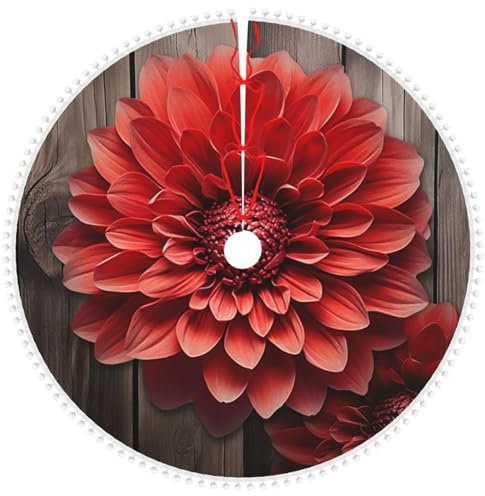 Weihnachtsbaumrock mit Pompom-Bordüre, weicher Plüsch, Weihnachtsbaummatte, Blume, rote Dahlie, Weihnachtsbaumröcke für Urlaub, Party, Weihnachtsbaumschmuck, Bauernhaus, Weihnachtsbaumrock für