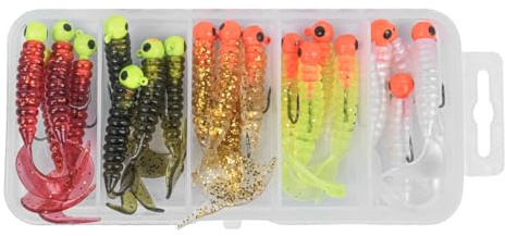 VOANZO Weiche Angelköder-Set – 20 Stück 5 cm Lange bionische Würmer mit 2,4 g Haken, perfekt für das Angeln auf Barsch, Forelle und Hecht