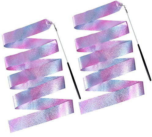 Dewocke 2PCS Gymnastic Ribbon 2M with Wand, Sparkling Dance Ribbon, Dance Ribbons for Kids, Twirling Baton, Long Ribbon Streamers, Rhythmic Gymnastics for Kids Artistic Dancing Training Party Favors