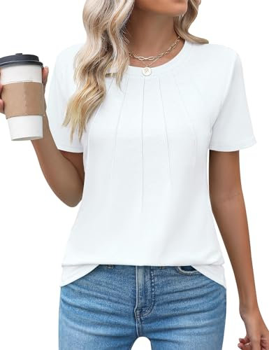Chicrise Tshirt Damen Sommer Kurzarm Rundhals Pleated Lässige Oberteile Elegant Einfarbig Basic Strick locker Bluse Weiß Klein 34-36