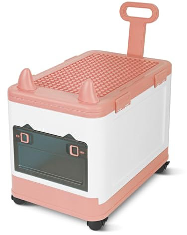 Vinteky Spielzeugaufbewahrungsbox Spielzeugkiste, Aufbewahrungsbox Kinder Spielzeugbox, Lustiger Trolley mit Rädern und Zugstange und aufliegendem Deckel (Rosa + Weiß)