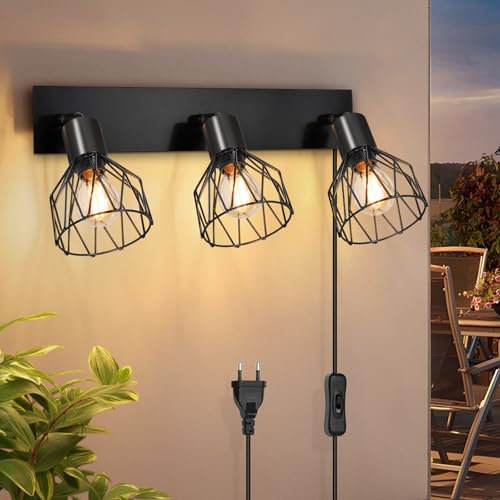 Kimjo Wandlampe mit Schalter und Stecker 3 Flammig - Wandleuchte mit Schalter Schwarz Wandlampe mit Stecker Drehbare - Deckenlampe mit Stecker E14 Wandlampe mit Kabel Wandspot Ohne Leuchtmittel
