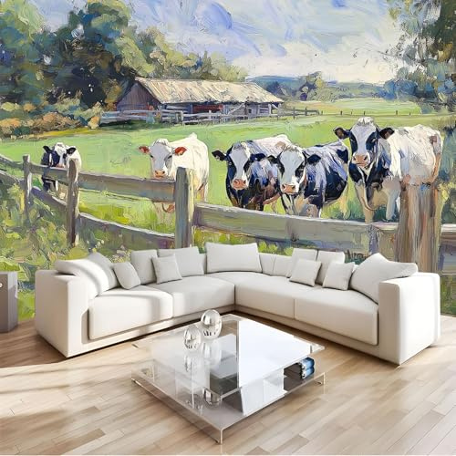 JEDTAKCT Papier Peint Panoramique Pâturage Pour Vaches 350X256Cm - Photo Décoration Murale – Papier Peint Mural Pour Cuisine Chambre, Salon, Fond Tv - Peinture À L'Huile Rurale - Revêtement Mural