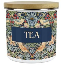 Blue Strawberry Thief Tea Storage Canister - Morris Inspired Tapestry Artwork Homeware Gifts - Medium Sized Metal Enamel Kitchen Food/Drinks Storage Container 600ml