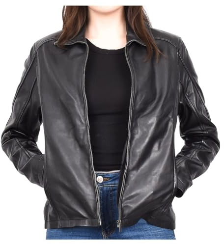Divergent Retail Chaqueta de motociclista de piel de cordero prémium para mujer, cierre de cremallera, abrigo clásico, color negro Itziar