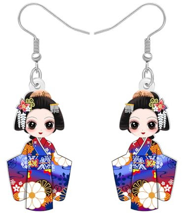 RAIDIN Acryl Niedliche Traditionelle Japanische Kimono Puppe Ohrringe Geschenk für Damen Mädchen Japanischen Kulturellen Kokeshi Schmuck für Anime Fans Cosplay Party Zubehör (Blau)