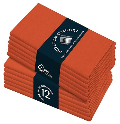 HEIRLOOM COMFORT Orange Stoffservietten 43x43 cm - 12er-Set - 100% Baumwolle, langlebig, saugfähig, waschbar, wiederverwendbar - Perfekt für Sommer, rustikale Hochzeiten, Herbst, Halloween