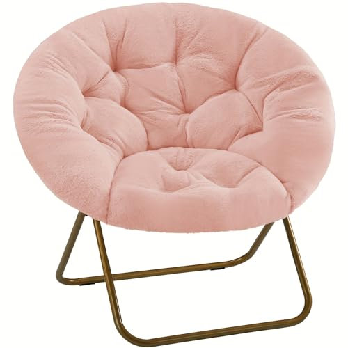 Oversized Folding Saucer Chairs Foldable Lounge Lazy Chair Comfy Saucer Chair Foldable Comfy Padded Moon Chairs for Adults with Cozy Faux Fur (pink)