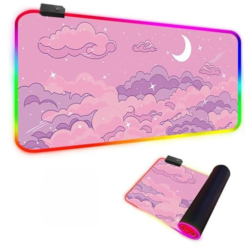Mateju Wolkenmond-Druck RGB Mousepad, rutschfeste Gummibasis Mauspad, Mousepad XXL/XL/l 14 Beleuchtungs Modi und 7 LED Farben, Gaming Mauspad mit Vernähte Kanten (Rosa,900x400x4mm)