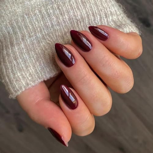 KQueenest 30 Stück Burgunderrot Press On Nails Kurz Mandel - Acryl Nägel zum Aufkleben, Natürlich Einfarbig Fake Nails Fingernägel zum aufkleben, Glänzende Gel Full Cover Kunstnägel für Frauen
