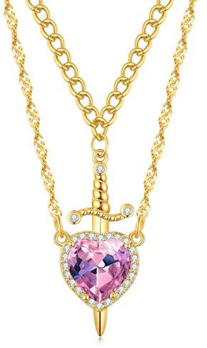 GAUEIOUR Collar de corazón y espada para parejas, cadena de oro de la amistad, corazón en polvo, joyería de aleación de doble capa, regalo de joyería de anime para el día de San Valentín, 0, Acero