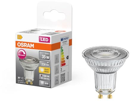Osram LED-Spot Superstar PAR16 Reflektor dimmbar, 2700 K warmweiß, 2,4 W, GU10, 36°, 230 lm, klar, für Spotbeleuchtung, Akzentlicht, 15.000h