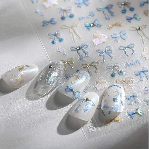 Shimmerz 5D Relief Bow Nail Stickers Blue Bow Nail Art Stickers Self-Adhesive Rabbit Nail Decals Bowknot Nail Stickers Crystal Design