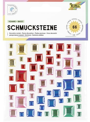 folia 12314 - Schmucksteine SQUARE BASIC, 67 quadratische Glitzersteine in 5 Farben, Aufkleber in 3 Größen, selbstklebend, zum Verzieren und Dekorieren