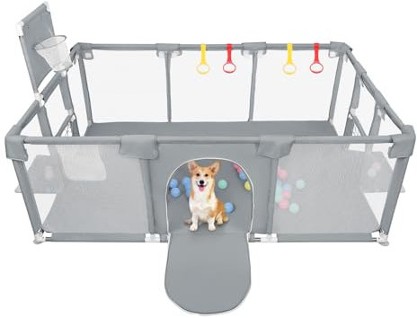 Box per Bambini, Recinto con Rete Traspirante, Base Antiscivolo, Porta di Sicurezza, Centro di Attività Interno ed Esterno per 0-6 Anni, 180 * 120 * 66 cm - Grigio scuro