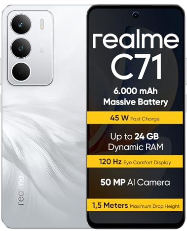 realme C71 Smartphone 6+128 GB, Batteria da 6.000 mAh, Ricarica rapida da 45 W, Display Con Comfort visivo da 120 Hz, White