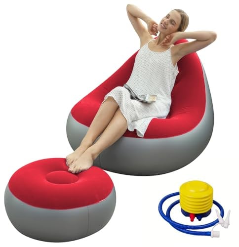 Shyllin Luftsofa, Campingsofa mit Fußhocker, Tragbare Flocking Aufblasbare Couch, Aufblasbarer Sessel, Pool Sessel, Airlounge, Sitzsack Outdoor, für Camping, Zuhause (2, Rot Grau, 1 Person)