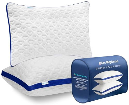 BLUE ALLEGIANCE 2-Pack Cooling Memory Foam Bamboo Pillows – Orthopedic Neck & Spine Support, Breathable Heart-Pattern Cover, Adjustable Loft for Back, Side & Stomach Sleepers (70 x 45 cm)
