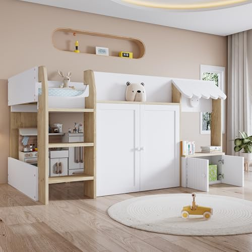 UIXENI Kids High Sleeper Wooden Bed, 3ft Single Bed 90×190cm with Ladder, Storage Cabinets, under-bed Area, Mattresses Not included ﻿