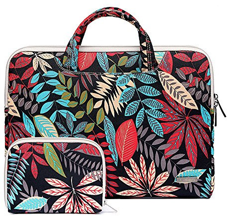 ZiXing 15.6 inch Canvas Fabric Colored Leaves Pattern Laptop Sleeve Case Handbag with Small Storage Bag for MacBook Pro/Air, Ultrabook, Netbook, iPad Pro Black