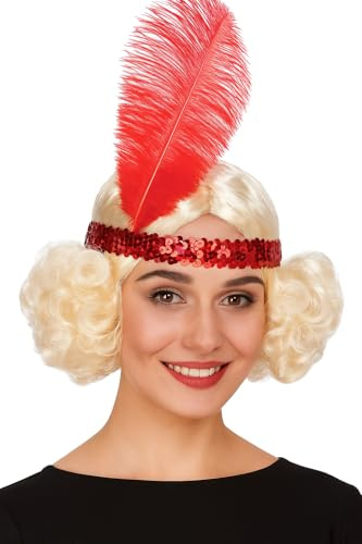 Charleston Perücke Damen Blond – 20er Jahre Faschingsperücke mit Pailletten-Stirnband & Roter Feder – Flapper Kostüm Zubehör für Karneval, Mottoparty & Halloween