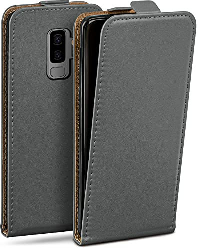 moex Flip Case für Samsung Galaxy S9 Plus Hülle klappbar mit 360 Grad Schutz, Handyhülle mit Displayschutz, PU Leder Handytasche Lederhülle, Flip Case Cover Klapphülle, Grau