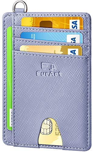 FurArt Portefeuille Minimaliste Fin, Porte-Cartes de Crédit avec Blocage Anti RFID, Les Femmes Hommes, Démontage Manille en D,Bleu canel Saffiano