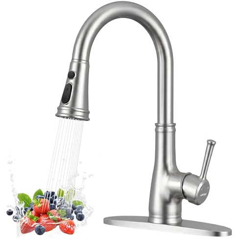 WEWE Vintage Kitchen Faucet with Pull Down Sprayer, Stainless Steel 1 or 3 Hole High Arc Single Handle Antique Sink Faucet for Classic Modern Ktichen, Brushed Nickel Bar & Prep Sinks
